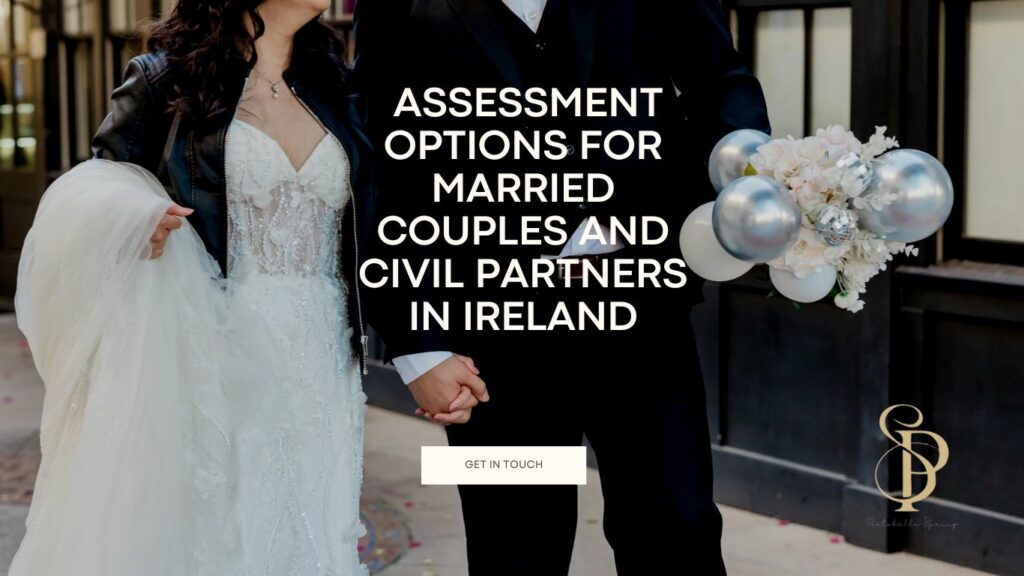 Illustration of a married couple and civil partners discussing their tax assessment options with a financial advisor in Ireland.