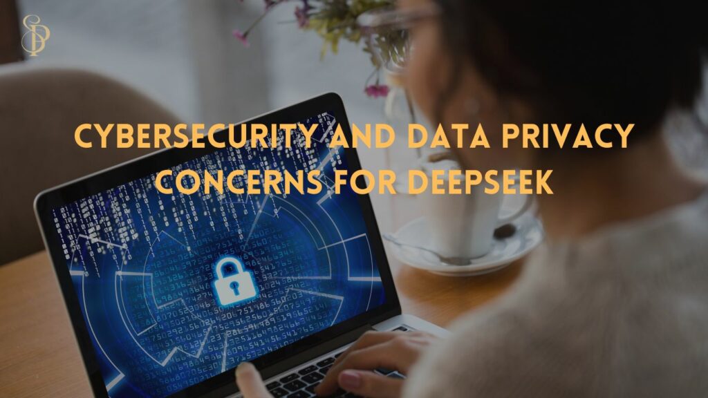 Graphic of DeepSeek AI with a digital lock and server room, highlighting cybersecurity and data privacy risks.